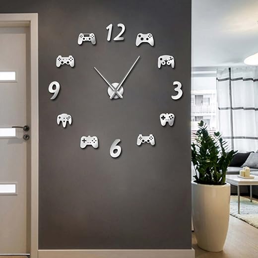 The Geeky Days Video Game Controllers DIY Large Wall Clock Game Room Decor Modern Design Freamless Giant Gamer Wall Clock Game Boys Room Wall Watch (Silver)