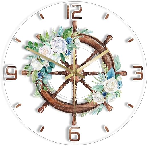 The Geeky Days Watercolor Ship Steering Wheel with Flower Bouquet Silent Wall Clock 12inch Sailing Art Marine Nautical Boat Wheel Battery Operated Modern Design Wall Watch