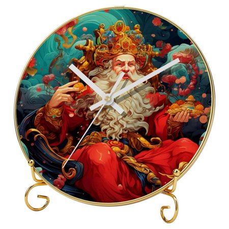 the god of wealth Round Printed Wall Clocks with Hooks and Gold Stand - Silent, Non-Ticking Timepieces for Versatile Use Scenarios