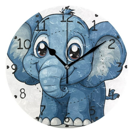 The Little Elephant with Big Eyes Round Wall Clock Silent Battery Operated Home Decor for Living Room Bedroom