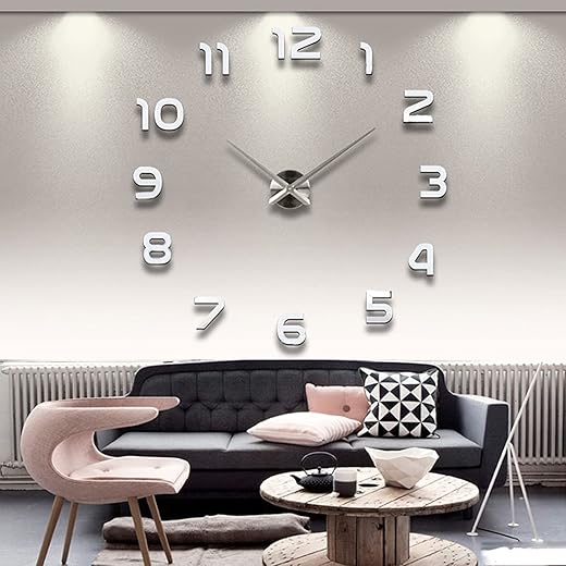 THIDARGO 3D DIY Wall Clock Arabic Numerals Clock Frameless Mirror Surface Wall Sticker Home Decor for Living Room Bedroom(Not Including Battery) (19-27 Inch, Silver)