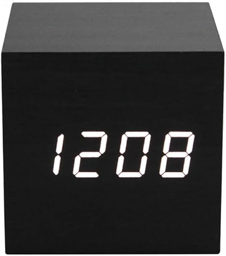 ThreeH Digital Alarm Clock,Wood Cube Little Clock with LED Time Calendar Temperature Display,Sound Control,Intelligent Induction,USB/Battery Powered Clock for Home Office AC10 Black_White