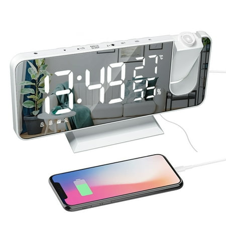 ThreeH Projection Alarm Clock with FM Radio 7.4'' Mirror Display 2 Sounds 4 Dimmer White