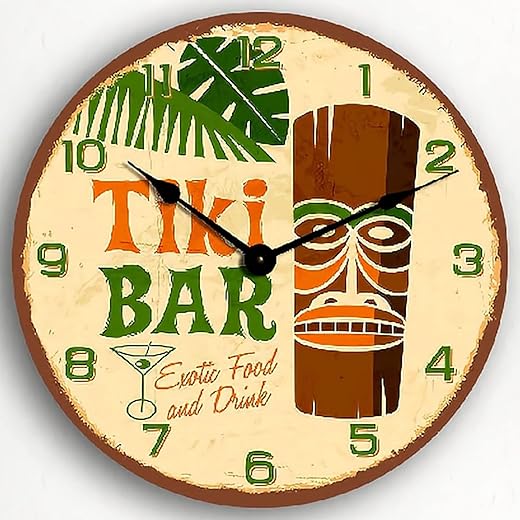 Tiki Bar Retro Tropical Wall Clock Polynesian Themed Wooden Round Clocks Wall Decor 15 Inch Battery Operated Decorative Wall Clock Silent Round Wood Wall Clock Hanging Clocks for Bedroom Decor