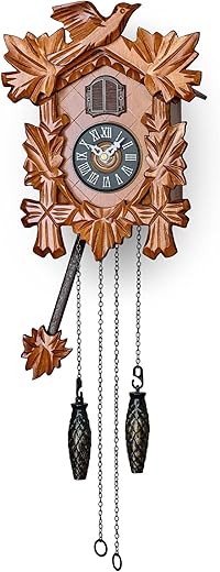 TIMEGEAR Small Cuckoo Clock with Night Mode, Hand Carved Bird and Swinging Pendulum (Cherry)