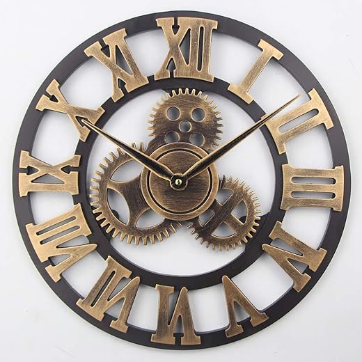 Timelike Large 3D Retro Wall Clock, Silent Non-Ticking Wooden Gear Wall Clock Rustic Vintage Quartz Clocks for Home Living Room Decoration (Bronze-Roman Numbers, 18 Inch)