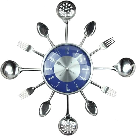 Timelike Large Wall Clock, 18" Metal Kitchen Cutlery Utensil Spoon Fork Wall Clock Creative Modern Home Decor Antique Style Wall Watch (Blue)