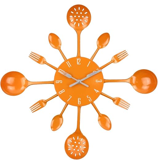 Timelike Wall Clock, 16" Metal Kitchen Cutlery Utensil Spoon Fork Wall Clock Creative Modern Home Decor Antique Style Wall Watch (Orange)