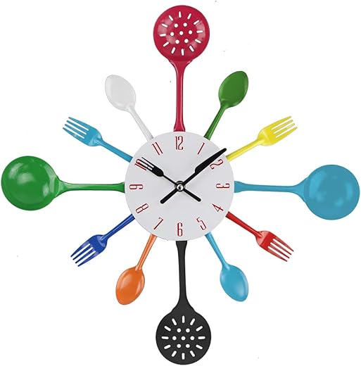 Timelike Wall Clock, 16 Metal Kitchen Cutlery Utensil Spoon Fork Wall Clock Creative Modern Home Decor Antique Style Wall Watch (Colorful)