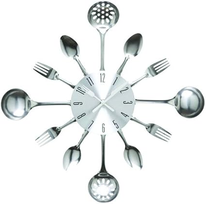 Timelike Wall Clock, 16" Metal Kitchen Cutlery Utensil Spoon Fork Wall Clock Creative Modern Home Decor Antique Style Wall Watch (Silver)