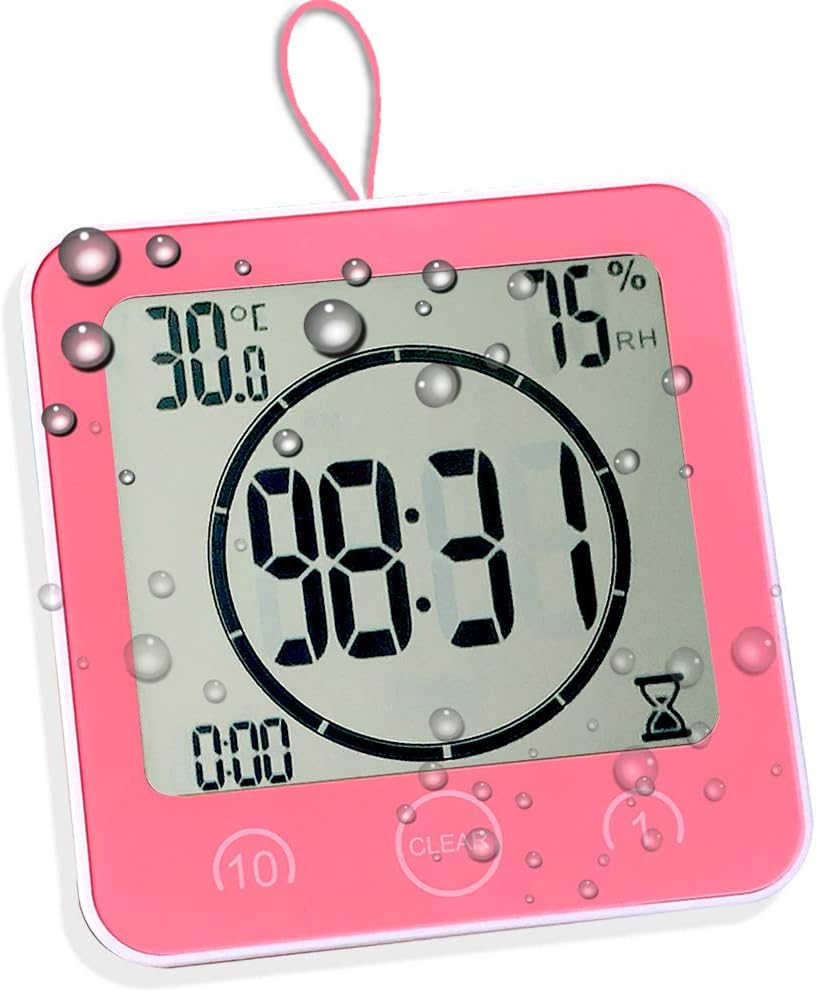 Timer Waterproof for Shower, Water Resistant Bathroom Wall Clock with Suction, Large Countdown Visual Timer for Kids, Digital Outdoor Hanging Clock with Temperature and Humidity Display (Pink)