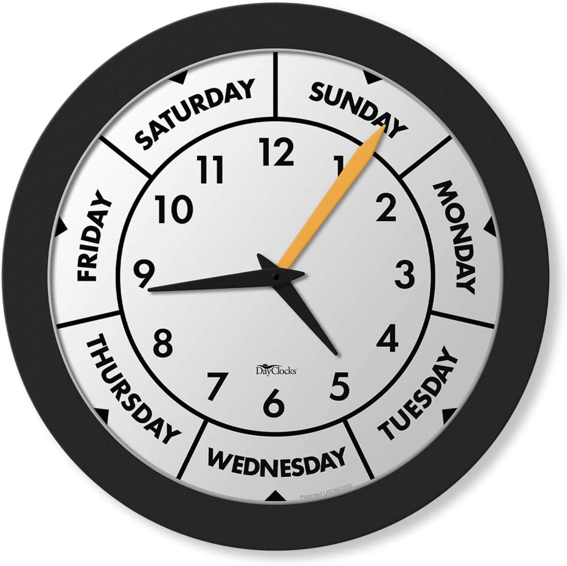 Time & Week-Day Wall Clock with Solid Plastic Frame – Weekly Analog Clock with Days, Hours & Minutes – Quiet Wall Mounted Clock - Ideal Retirement Gift for Men & Women, Black, 12"