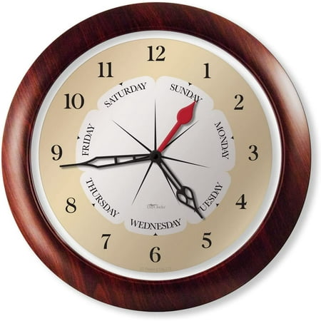 Time & Week-Day Wall Clock with Solid Wood Frame – Weekly Analog Clock with Days, Hours & Minutes – Quiet Wall Mounted Clock - Ideal Retirement Gift for Men & Women, Pine Wood, 10