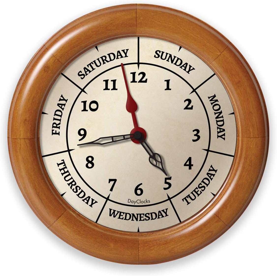 Time & Week-Day Wall Clock with Solid Wood Frame – Weekly Analog Clock with Days, Hours & Minutes – Quiet Wall Mounted Clock - Ideal Retirement Gift for Men & Women, Pine Wood, 10