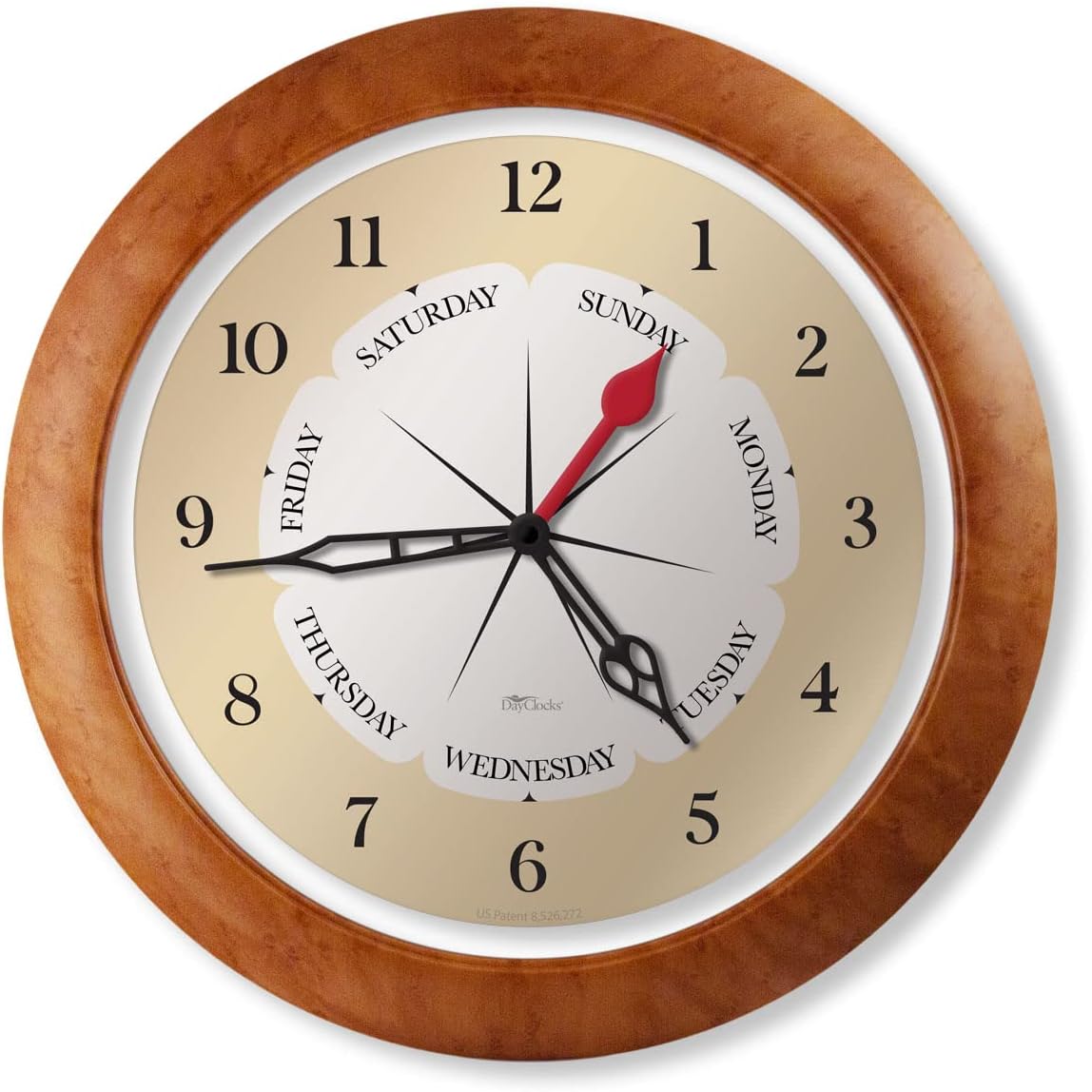 Time & Week-Day Wall Clock with Transparent Frame Ring – Weekly Clock with Days, Hours & Minutes - Ideal Retirement Gift for Men & Women, Maple Accent Frame, 13.5"