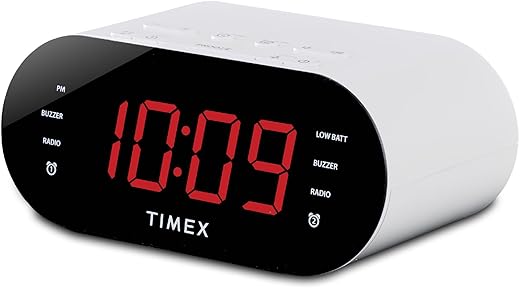 Timex Alarm Clock with AM/FM Radio and 20 Station Presets, Digital Clock Radio with Dual Alarms, Programmable Timer, Snooze, Aux Speaker, and Adjustable Volume Switch (T2312W)