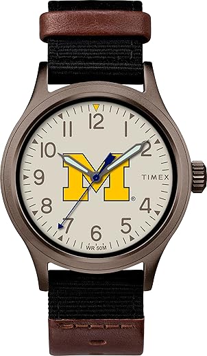 Timex Men's Collegiate Clutch 40mm Watch – Alabama Crimson Tide with Black Fabric & Brown Leather Strap