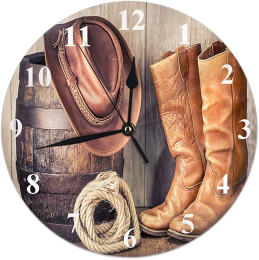 TKS MITLAN Retro Leather Cowboy Hat,Old Boots and Oak Barrel Round Wall Clock Quartz Minimalist Style Vintage Style 10 Inch White Clocks Battery Operated Silent Non-Ticking Decorative