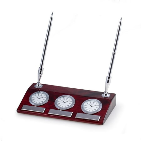 Tokyo, Lacquered Rosewood 3 Time Zone Desk Clock with Chrome Accents and 2 Pens.