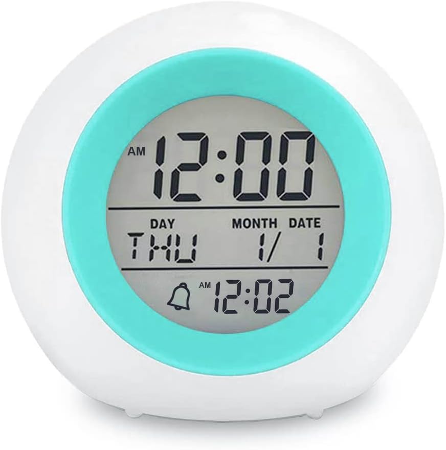 TooTa Kids Digital Alarm Clock, with 7 Color Night Light, Small, for Boys and Girls, to Wake up at Bedroom, Bedside, Batteries Operated, Power Cord Operated (Blue)