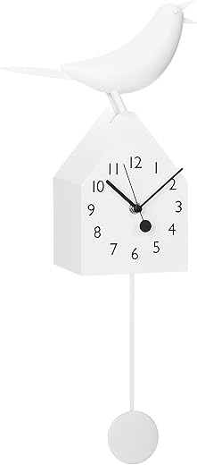 Torre & Tagus Motion Birdhouse Clock with Beak Movement and Detachable Pendulum Mid Century Modern House Wall Decor Gift for Bird Lovers, 9x21x4.5, White