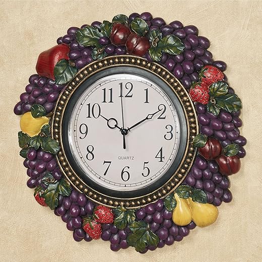 Touch of Class Tuscan Fruit Grapes Kitchen Dining Wall Clock - Multi Jewel - Italian Inspired - Unique Timepiece - Wall Clock for Kitchen, Dining Room - Grapes, Pears, Strawberries, Apples