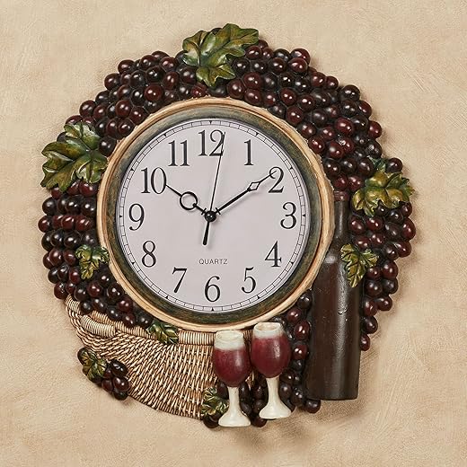 Touch of Class Wine Picnic Vineyard Grapes Wall Clock - Resin - Purple, Burgundy, Green, Tan - Vintage Decor for Kitchen, Dining Room, Bar, Restaurant, Wine Cellar - Quartz Movement