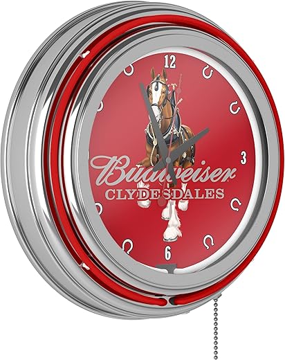 Trademark Global Budweiser Retro Neon Wall Clock, 14 Decorative Plug in or Battery Operated Analog Clock with Pull Chain