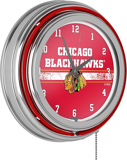 Trademark Global NHL Chrome Double Rung Neon Clock - Chicago Blackhawks