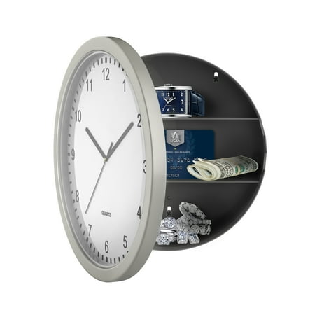 Trademark Home Clock Safe - 10-Inch Battery-Operated Analog Clock with Hidden Wall Safe for Jewelry, Cash, Valuables, More, Silver