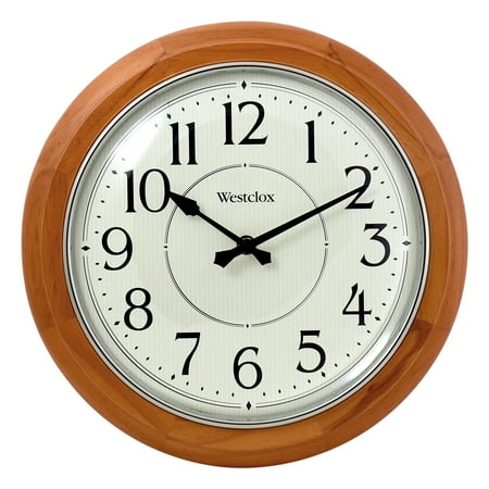 Traditional 12.5” Brown Wood Analog QA Wall Clock with Quiet Sweep Movement and Decorative Metal Hands.