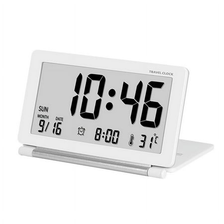 Travel Clock, Large Number Display Alarm Clock with Temperature, Battery Powered Small Desk Clock -White