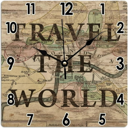 Travel Theme Antique World Map Clocks For Wall Travel The World Pvc Clock For Wall Square Wall Clock Battery Operated Silent Clock Country Tuscan Style Wall Clock For Bedroom 10X10In