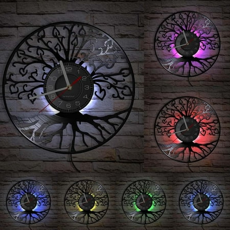 Tree Of Life Retro Led Vinyl Record Wall Clock With 7 Colors Decorative Records For Bedroom Living Room Kitchen Family Tree Retro Vinyl Longplay Wall Art Home Decor Light Lamp 12 Wall Clock