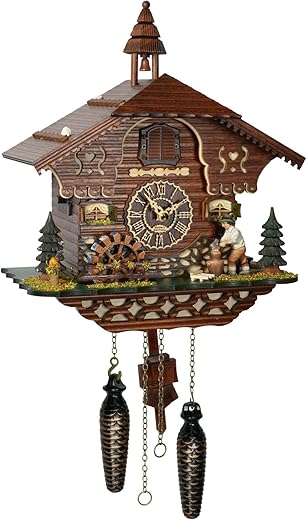 Trenkle Quartz Cuckoo Clock Black Forest House with Moving Wood Chopper and Mill Wheel, with Music TU 4217 QM