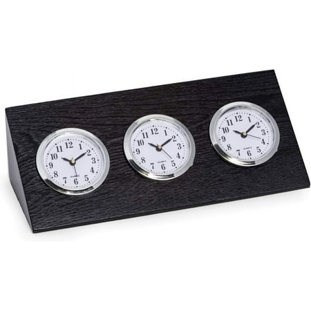 Triple Time Zone Clock in Black Wood