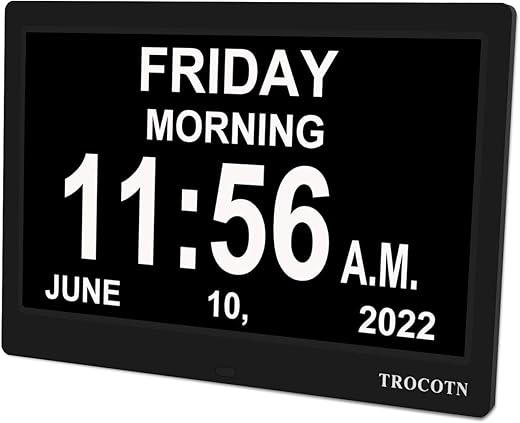 TROCOTN 10 Inches Calendar Clock Dementia Clock Large Display Alarm Clock with Auto DST for Seniors, 5 Display Modes Large Font Digital Clock with Custom Alarms Day Date Clock Wall Clock(Black)