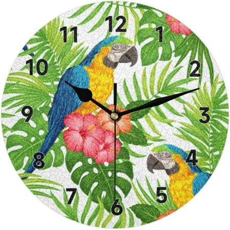 Tropical Floral Bird Macaw Parrot Wall Clock Non-Ticking Silent Round Large Wall Clocks Battery Operated Modern Home Decor For Living Room Bedroom Classroom Office Bathroom 12 Inch