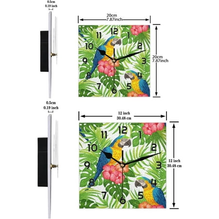 Tropical Floral Bird Macaw Parrot Wall Clock Non-Ticking Silent Square Wall