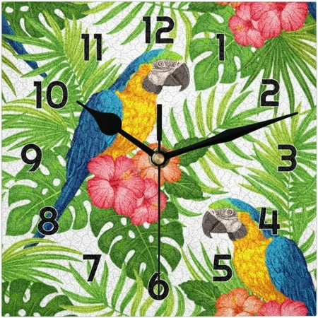 Tropical Floral Bird Macaw Parrot Wall Clock Non-Ticking Silent Square Wall Clocks Battery Operated Modern Home Decor For Living Room Bedroom Classroom Office Bathroom 12 Inch