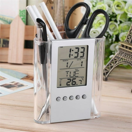 TSApan Pencil Barrel Pen Calendar Desk Holder Multi-Functions LCD Display Alarm Clock Office Stationery