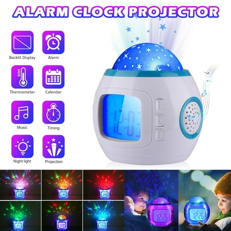 TSV Starry Sky Alarm Clock Projector, Sky Star Night Light Projection Lamp, Bedroom Clocks with Music Snooze Backlight Calendar Thermometer, Birthday Gift for Boys Girls