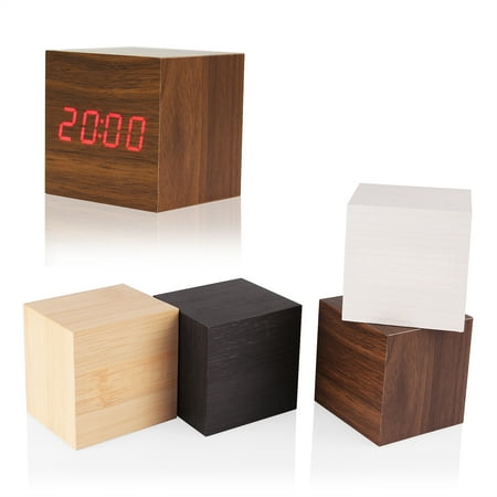 TureClos Modern Wooden Cube Design Digital LED Desk Alarm Clock Voice Control Thermometer Timer Calendar