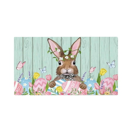 TWCTUWEN Easter Bunny Spring Flowers Entrance Floor Mat Fun Doormat Green Flowers Door Mat Low Profile Non Entry Rugs For Bathroom Kitchen Home Front Decor 40*60cm Woven Throw Blankets Woven