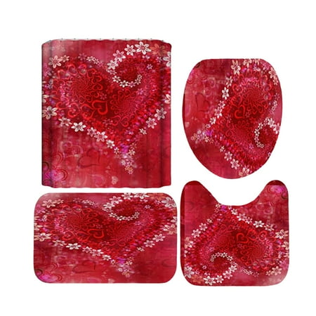 TWCTUWEN Valentine's Day 4 Pieces Shower Curtain Set With Rugs Shower Curtain For Bathroom Sets With Shower Curtain And Rug Toilet Sets For Lovers Bathroom Rugs Bathroom Storage Bathroom Shelves