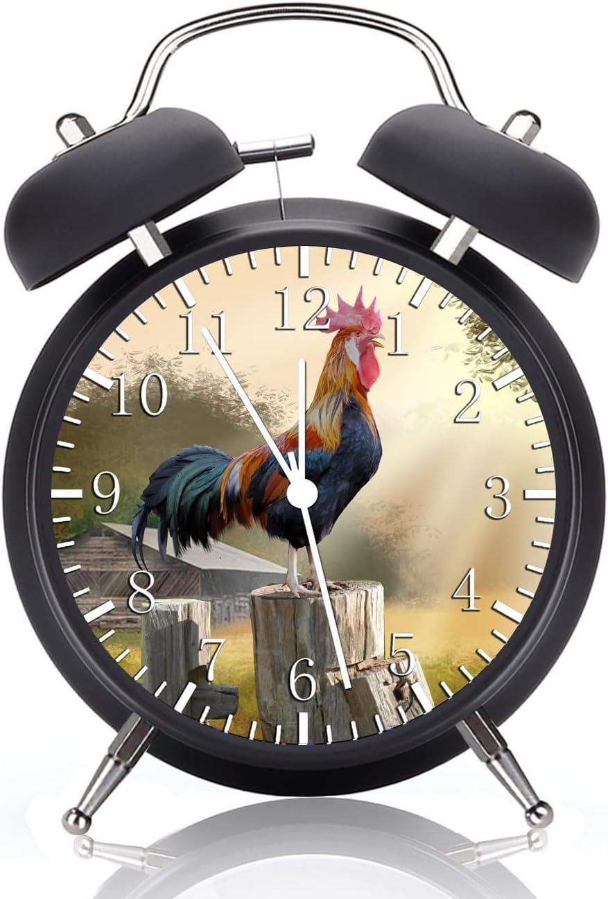 Twin Bell Rooster Country Farm Alarm Desk Clock with Night Light Quite Silent Non-Ticking 4 Inches Glass Face - Great Decor for Home or Office – Best Gift Ideas for Birthday or Holidays G30