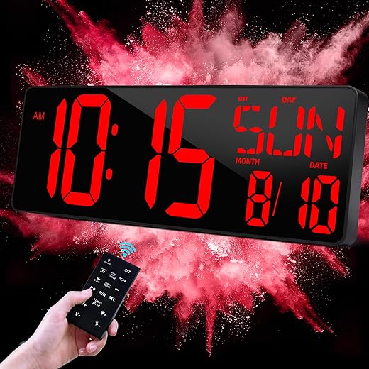 TXL16.5 Digital Wall Clock Large Display, LED Wall Clock with Date and Temperature,Count Up/Down Timer Clock with Remote Control, Adjustable Brightness Alarm Clock for Home, Office, Gym, Elderly