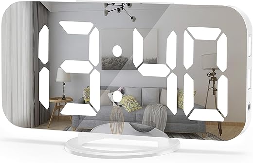 U-pick Digital Alarm Clock, 6.6 Large Mirrored LED Clock with Dual USB Charger Ports | Easy Snooze Function | 3 Adjustable Brightness Suitable for Bedroom Home Office (White)