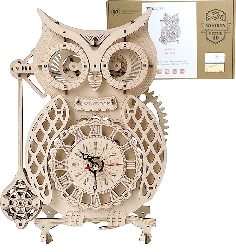 UGUTER 3D Wooden Puzzle Owl Clock DIY Home Decoration Laser-Cut Mechanical Model Stunning Gifts for Adults and Teens (Owl Clock)