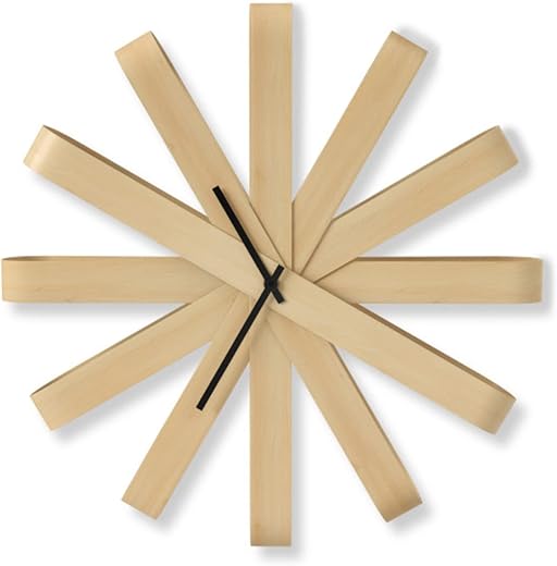 Umbra Ribbonwood Large Modern Wall Clock, Battery Operated, Silent, Non Ticking, Unique, 20" Diameter x 4” Width x 20" Height, Natural